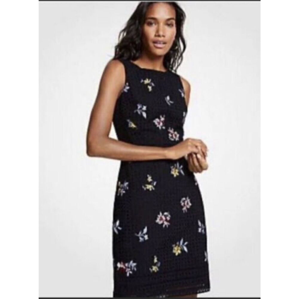 Ann Taylor Floral Embroidered Eyelet Black Cotton Sheath Dress Size 10 Lined